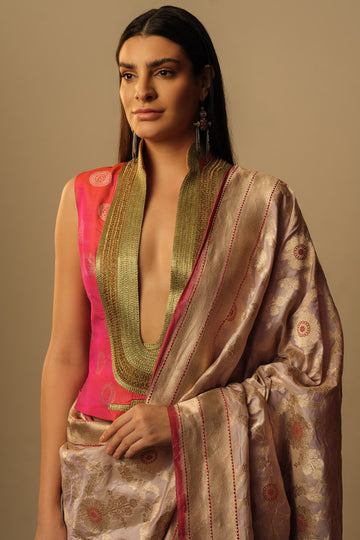 'Fatuhi' zari waistcoat blouse fuschia pink