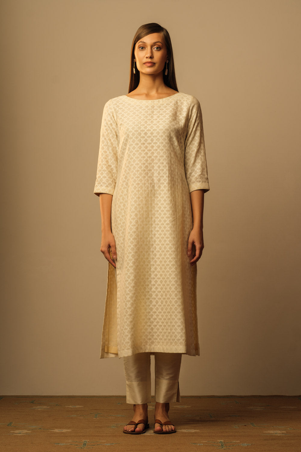 Boat neck tunic mughal jaal ivory