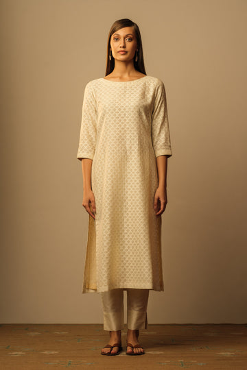 Boat neck tunic mughal jaal ivory