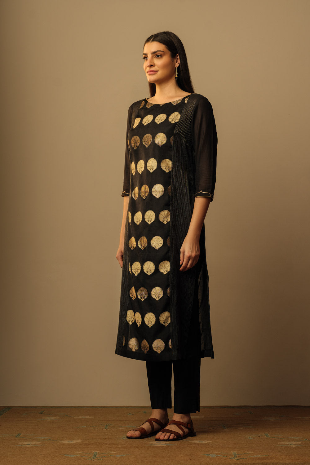 Boat neck brocade panel tunic black carnation motif - image 2