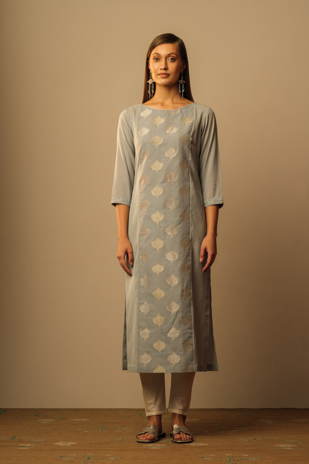 Boat neck jamdani tunic blue grey