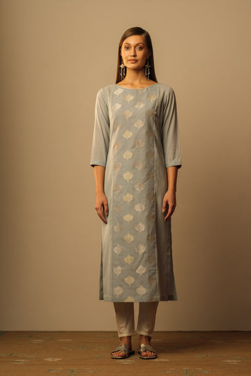 Boat neck jamdani tunic blue grey
