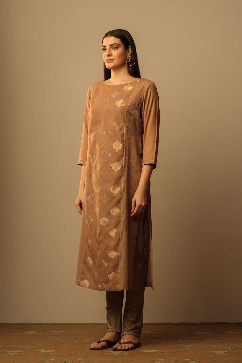 Boat neck Jamdani tunic warm tan