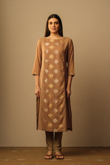 Boat neck Jamdani tunic warm tan