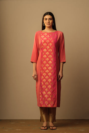 Boat neck brocade panel tunic