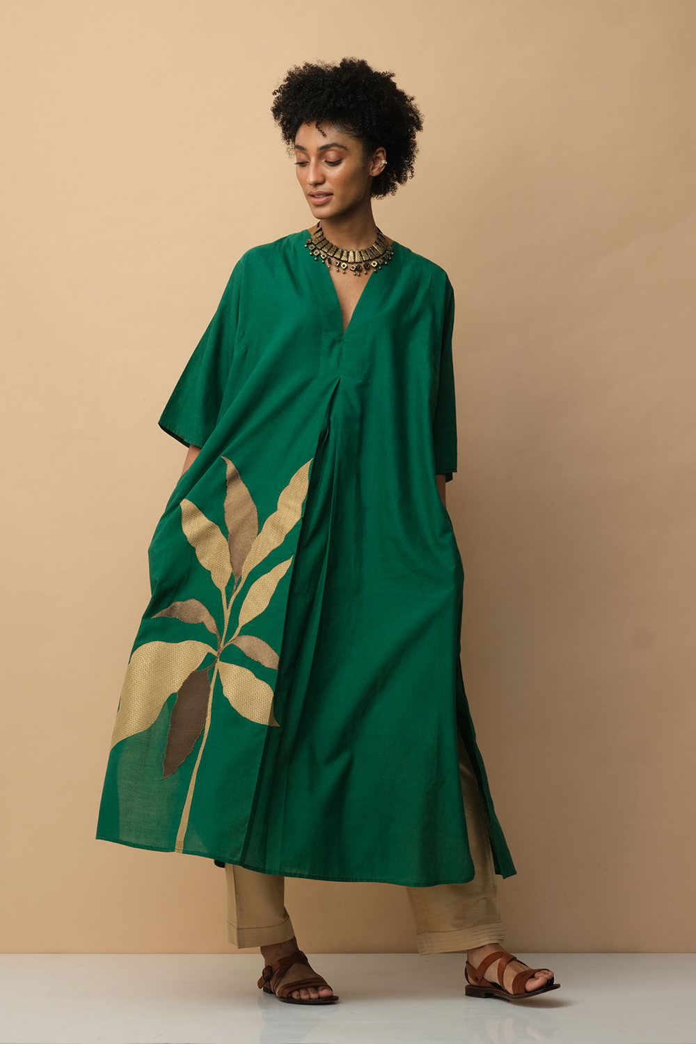 Candice Green Leaf Cold Shoulder Kaftan